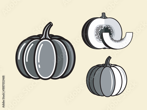 Pumpkin Gourds' Collection: A set of stylized gourds, showcasing variations in shape and cuts on a light color background, embodies autumn's essence.