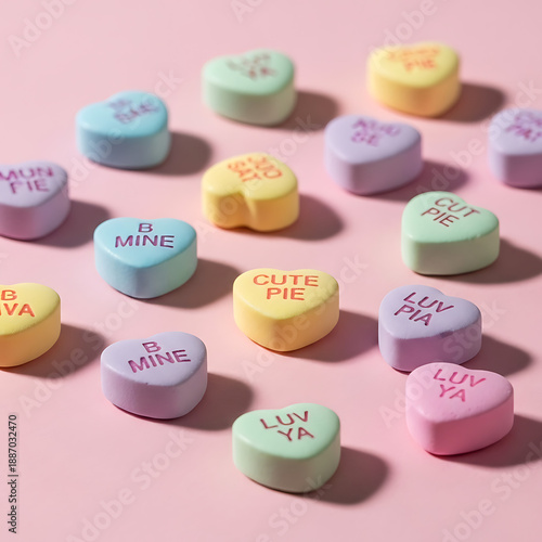 A colorful assortment of heart-shaped candies on a pink background