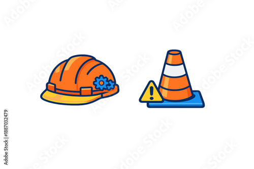 Construction equipment and safety signs show importance of safety in building projects and work sites during day
