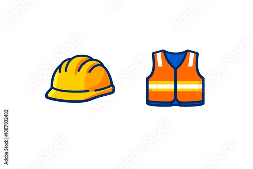 Yellow hard hat and orange safety vest placed side by side on a white background for construction safety