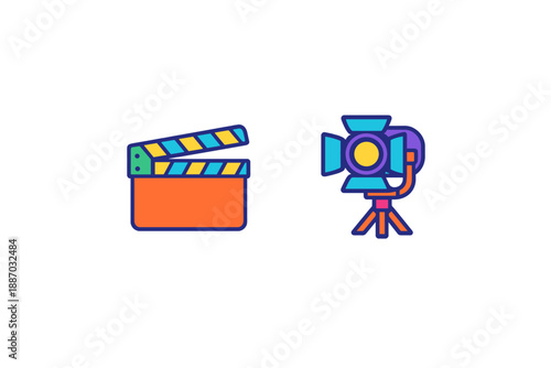 Film production tools are shown with a clapperboard and a camera, used on set during movie making in a studio environment at any time of day