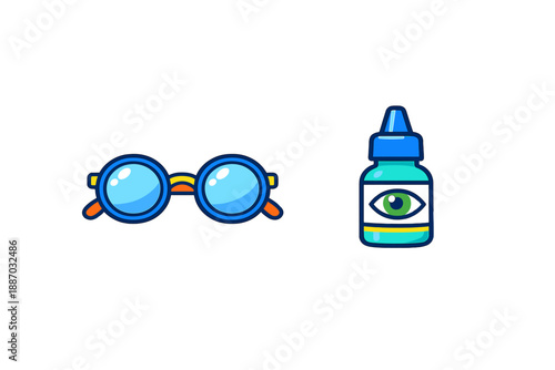 Vision care tools include a pair of round glasses and a bottle of eye drops on a simple background during a daytime setting