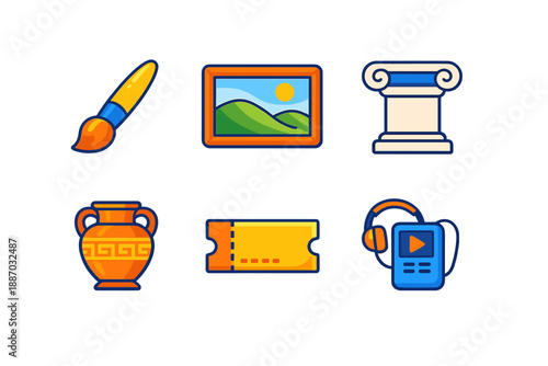 Creative tools and items include a paintbrush, a picture, a column, a vase, a ticket, and headphones displayed in a clear layout on a simple background