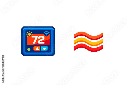 Digital thermostat display shows temperature at seventy-two degrees with Wi-Fi symbol next to an icon representing heat waves