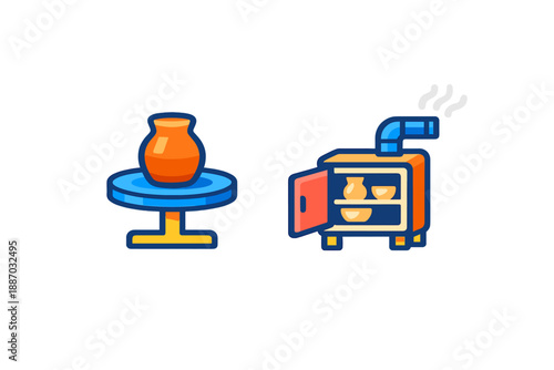 Ceramic art display and kiln setup in a pottery workshop showcasing the process of creating pottery