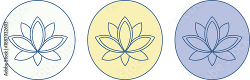Lotus flower icon set in pastel circular outline style for yoga wellness meditation and spiritual design