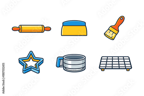 Baking tools on a flat surface including a rolling pin, scraper, brush, star-shaped cutter, sifter, and cooling rack for preparing dough and desserts
