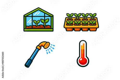 Gardening tools and concepts for nurturing plants in a greenhouse setting with seedlings and watering equipment