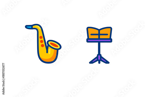 Saxophone sits beside a music stand ready for a performance at a local event in a community center during the evening hours