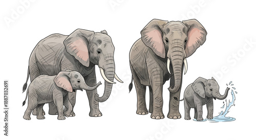 A family of elephants adult elephants and their young calves are pictured