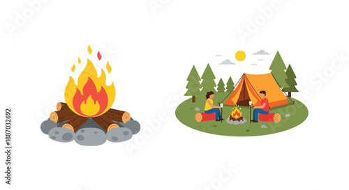 Camping scene with a vibrant campfire tent and two people relaxing outdoors