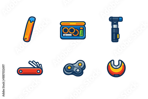 Tools and gadgets are presented in a simple arrangement on a white background showing various items for practical use in daily tasks