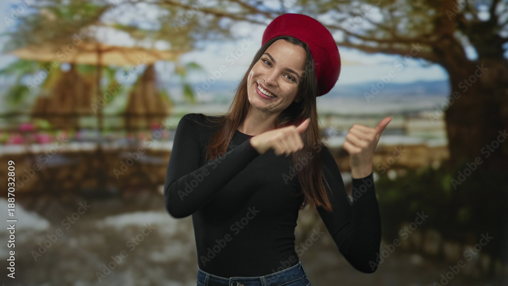 Fototapeta premium Woman points finger with smiling face and visible hands wearing red beret on street terrace; playful charm.