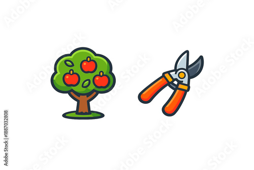 Pruning tools and apple tree with red apples are displayed together in a simple design showing gardening activity and nature care