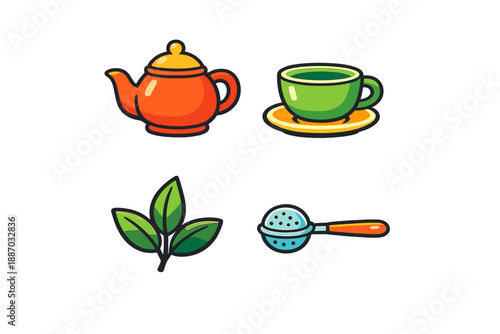 Colorful tea set with a teapot, cup, leaves, and strainer arranged on a simple background in a neat layout