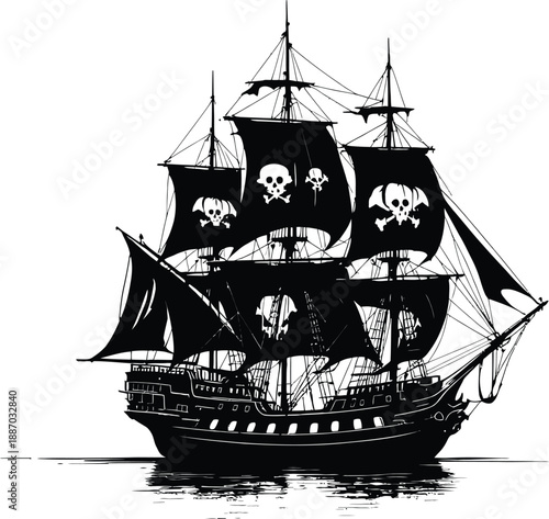 Pirate ship silhouette vector illustration with skull sails and water reflection in bold black and white graphic style