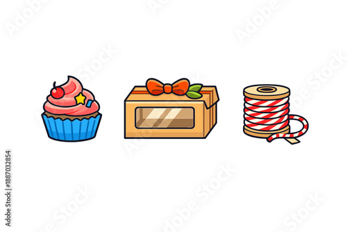 Colorful cupcake, cake box with bow, and spool of twine arranged on a plain background during a craft activity
