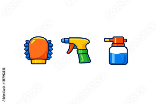 Cleaning tools include a glove, a spray bottle, and a spray gun on a plain background for cleaning activities