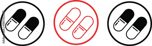 Medicine capsule pill icon set in circular flat and outline styles for healthcare pharmacy and medical apps