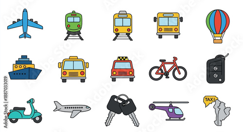 Colorful illustrations of various transportation methods including planes trains and automobiles