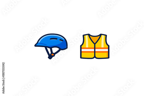 Person prepares for a bike ride by putting on a blue helmet next to a yellow safety vest with reflective stripes during daylight hours