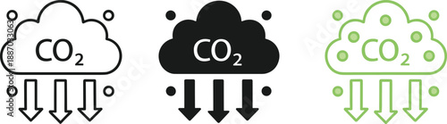 CO2 emission cloud icon set with downward arrows in outline and filled styles for climate and environment design