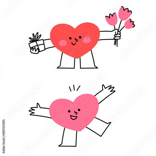 Cute Heart Characters Set with Flowers and Gift. Playful romantic illustrations for Valentine’s Day, love messages, stickers and social media content.