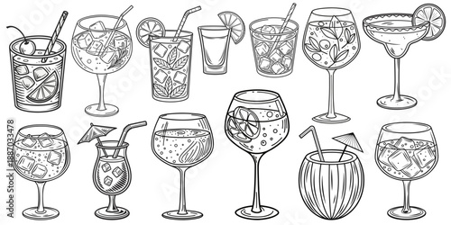 Set of fashionable cocktails. Alcoholic cocktails sketch vector set. Champagne, margarita, martini, vodka, gin and tonic, mojito, cuba libra, piña colada, cosmopolitan