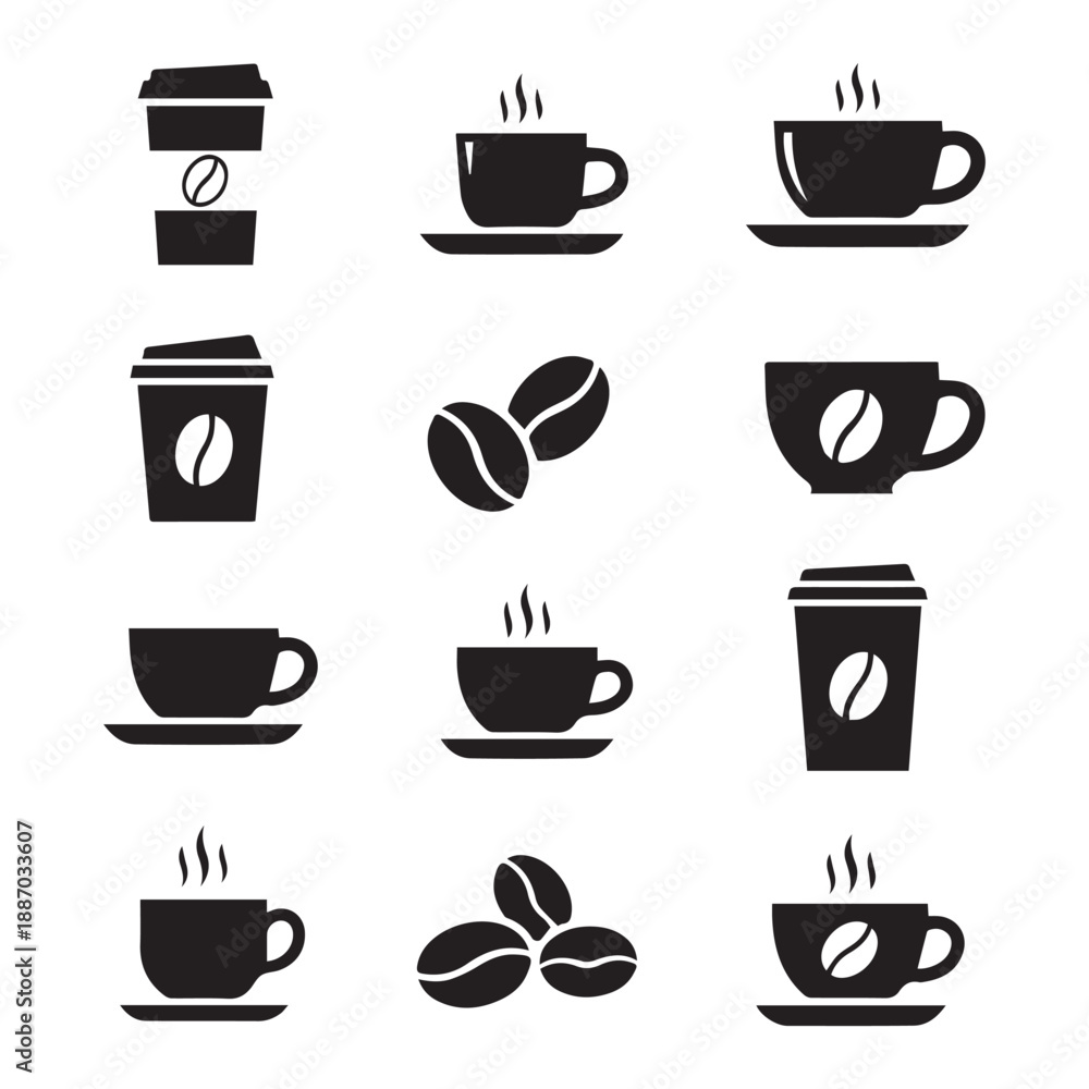 Obraz premium Coffee Cups and Beans Icons Set – Cafe and Beverage Symbols