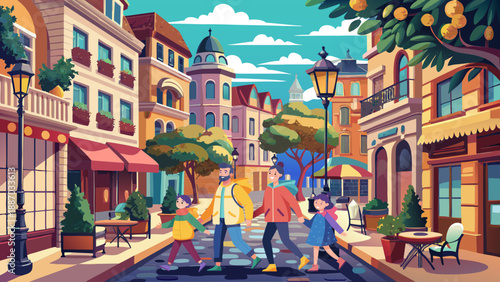 vector, illustration, family, city, vintage, antique, art, style, tourism, travel, banner, advertising, tour, excursion, adventure