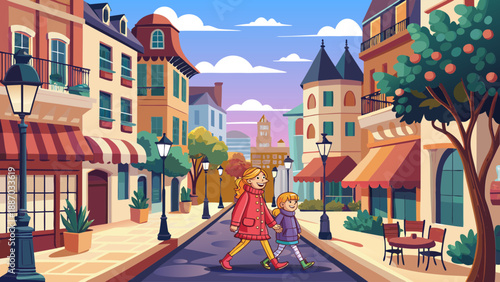 vector, illustration, family, city, vintage, antique, art, style, tourism, travel, banner, advertising, tour, excursion, adventure