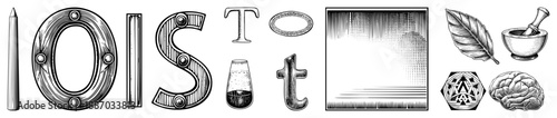 Vintage Engraved Letterforms and Symbolic in Vector Set
