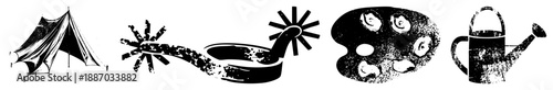 Camping Tent, Cowboy Spurs, Artist Palette, and Watering Can in Halftone Vector Style