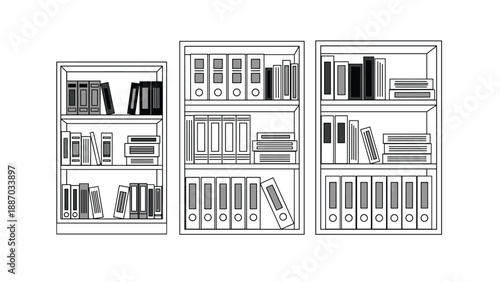 Set of three different sized bookshelves filled with various office binders and folders arranged in an organized row.