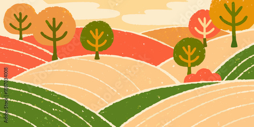 Stylized autumn landscape with rolling hills and colorful trees illustration