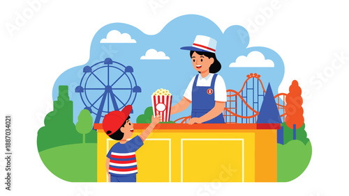 Flat vector illustration of a kid buying popcorn at a theme park snack kiosk with clear menu icons, queue ropes, benches, balloons and open copy space. Solid colors, no gradients
