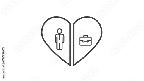 Concept of work life balance represented by a split heart icon containing a businessman figure and a professional briefcase.
