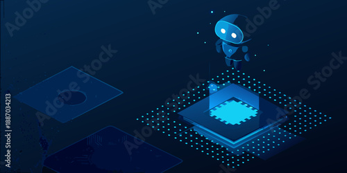 A glowing robotic figure stands above abstract geometric shapes and a digital grid