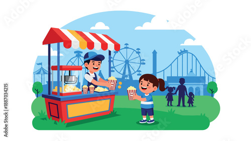 Flat vector illustration of a kid buying popcorn at a theme park snack kiosk with clear menu icons, queue ropes, benches, balloons and open copy space. Solid colors, no gradients