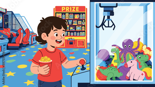 Flat vector illustration of a kid playing a claw machine in a theme park arcade, holding tokens, aiming for plush prizes, with signs and patterned floor. Solid colors, no gradients