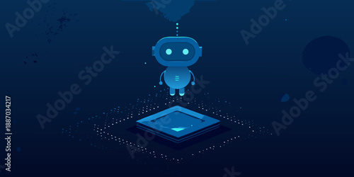 A robotic figure descends towards a glowing platform in a dark digital space