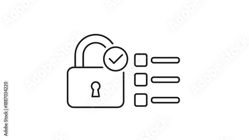Line art icon of a padlock next to a series of checkboxes depicting security measures and safety protocol verification.