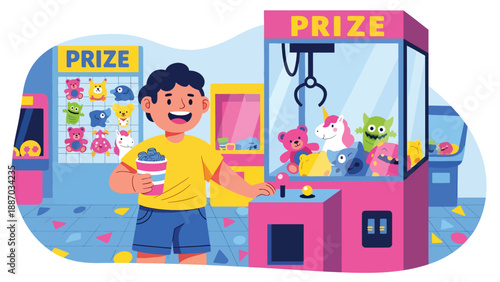 Flat vector illustration of a kid playing a claw machine in a theme park arcade, holding tokens, aiming for plush prizes, with signs and patterned floor. Solid colors, no gradients