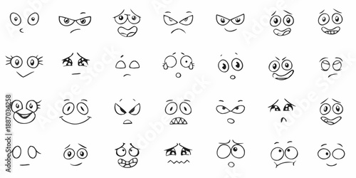 Collection of diverse cartoon face expressions in a simple black and white style