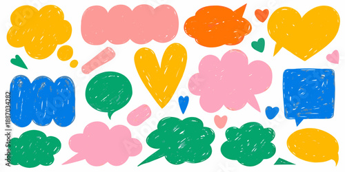 Colorful abstract shapes and speech bubbles in a playful hand drawn style