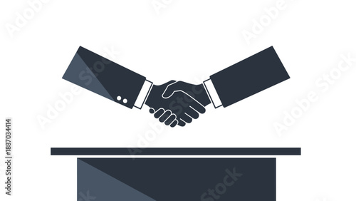 Silhouette illustration of two hands shaking above a desk representing a professional business agreement or partnership deal.