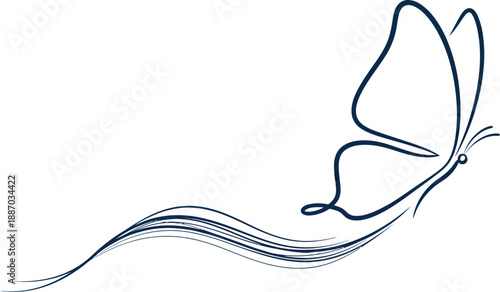 Stylized single-line illustration of a butterfly gracefully soaring, with a flowing, segmented trail. Symbolizes lightness, change, and delicate movement.