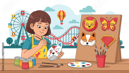 Flat vector illustration of a kid painting a craft mask at a theme park workshop booth with paint jars, brushes, sample board, bunting and tidy table setup. Solid colors, no gradients
