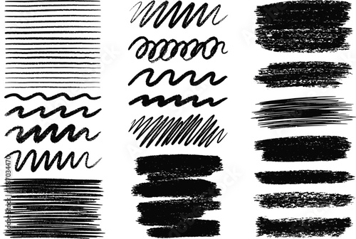Assortment of hand-drawn brush strokes, lines, and scribbled textures in black and white. Perfect for adding a rough, artistic, or grunge effect to designs.