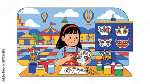 Flat vector illustration of a kid painting a craft mask at a theme park workshop booth with paint jars, brushes, sample board, bunting and tidy table setup. Solid colors, no gradients